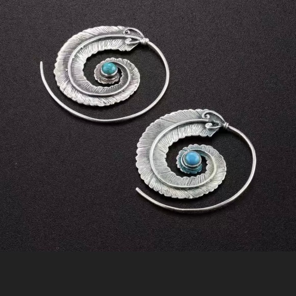 Silver Boho Western Geometric Spiral Feather Turquoise Earrings - Picture 2 of 4